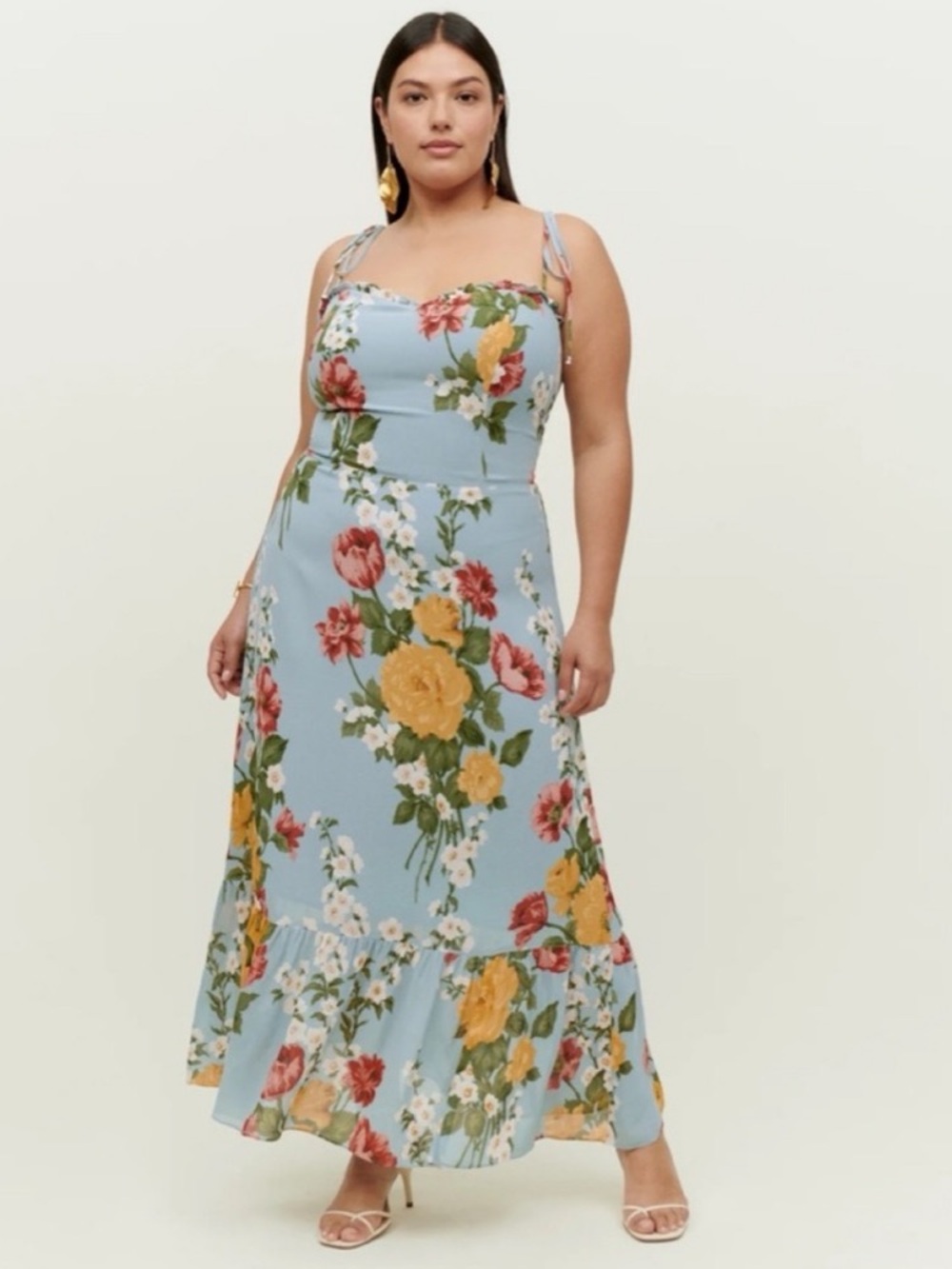 Reformation Enya Floral Ruffle Light Blue Midi Dress
